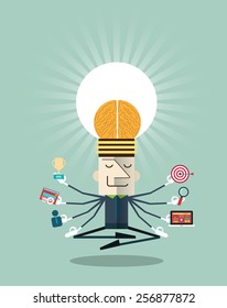 Illustration of businessman meditating with multitasking.Human resources and self-development concepts - vector illustration