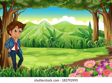 Illustration of a businessman in the middle of the forest