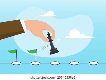 An illustration of businessman move chess king step to achievement. Strategic planning process, journey, step to success, career development, timeline or winning solution concept