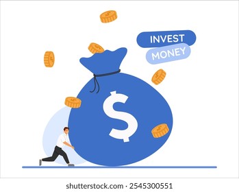 Illustration of a businessman moving a big money bag, showcasing concepts of revenue increase and wealth creation