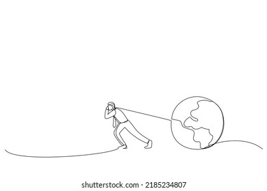 Illustration of businessman moving the globe, environmental sustainability metaphor. One line art style
