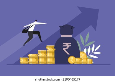 Illustration of a businessman moving up on Rupee coins. Concept for financial growth