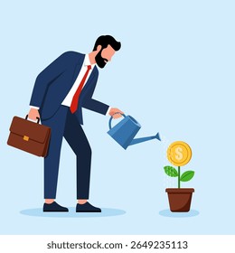 Illustration of a Businessman Nurturing Financial Growth and Investment