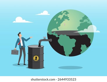 An illustration of a businessman observing oil being extracted from the Earth into a barrel, symbolizing global dependence on oil resources