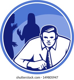 Illustration of a businessman office worker facing front writing on desk table with  silhouette of colleagues in background done in retro woodcut style set inside circle.