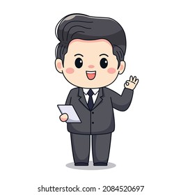 illustration of a businessman with ok sign Cute kawaii chibi character design