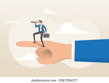 An illustration of a businessman on a giant pointing finger with a telescope to see vision. Vision to see business direction, economic forecast or future, career path concept