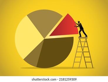 An illustration of a businessman on ladder assemble last piece of jigsaw to complete a giant pie chart