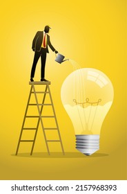 An illustration of a businessman on ladder watering to fill in liquid in idea light bulb