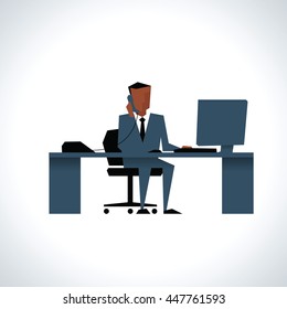 Illustration Of Businessman On Phone Sitting At Desk On