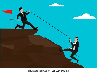 Illustration of businessman on top of a cliff with a flag pulling his companion to the top. The business concept of leadership and teamwork.