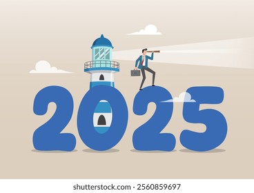 An illustration of Businessman on year number 2025 look through telescope. New year 2025 business outlook, planning or strategy to success, year begin anticipation, improvement or progress concept