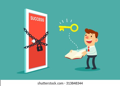 Illustration of businessman open a book that has key to unlock door to success