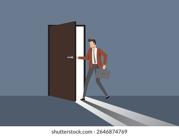 An illustration of a businessman opening and stepping through a door with light shining through, symbolizing opportunity, career change, decision-making, or new beginnings