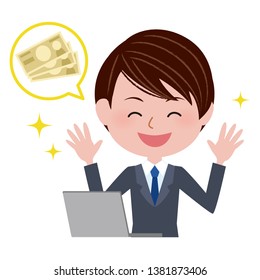 Illustration of a businessman operating a laptop computer.  Make money.