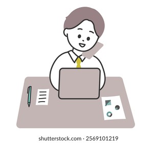 Illustration of a businessman operating a PC at an office desk