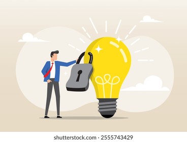 An illustration of businessman owner standing with light bulb idea locked with padlock for patents. Ppatented protection, copyright reserved or product trademark that cannot copy concept