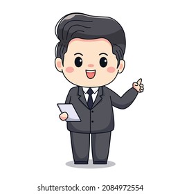 illustration of a businessman with paper or tablet and pointing finger Cute kawaii chibi character design