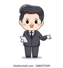 illustration of a businessman with paper or tablet.Cute kawaii chibi character design