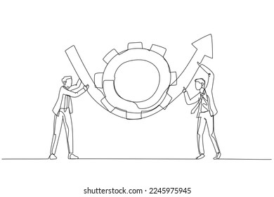 Illustration of businessman partner help rotate gear cogwheel to make arrow rising up concept of business transformation. Single continuous line art style