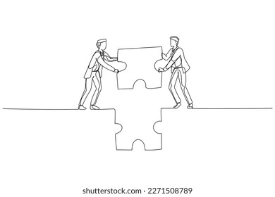 Illustration of businessman and partner hold puzzle and try to make bridge. Concept of cooperation. Single continuous line art style