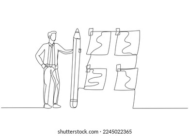 Illustration of businessman with pencil sort sticky notes concept of prioritize work. Single continuous line art