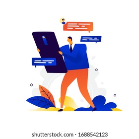 Illustration of a businessman and a phone. Vector. A man chatting. Metaphor. Modern means of communication and communications. Online conversation through messengers. Flat business illustration.