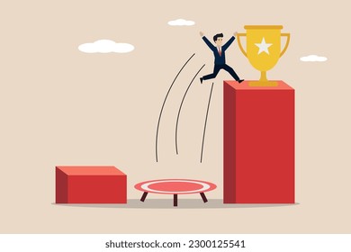 Illustration of a businessman playing on a trampoline, bouncing high to the top of success.