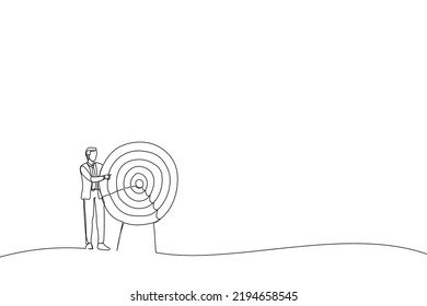 Illustration of businessman pointing to the big target. One line style art
