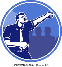 Illustration of a businessman pointing forward viewed from side with crowd of people in background set inside circle done in retro woodcut style.