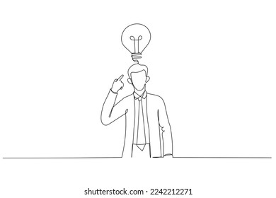 Illustration of businessman pointing to head with one finger found and remember idea. Single continuous line art