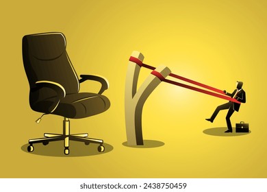 An illustration of a businessman preparing to launch from slingshot. Career concept