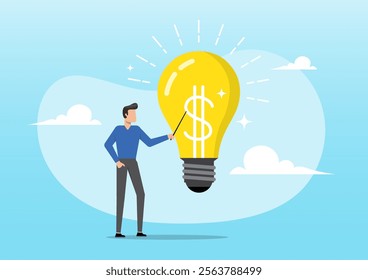 An illustration of businessman present money idea lightbulb. Idea pitching, startup idea or entrepreneurship funding, business idea to make money presentation, investment discussion concept