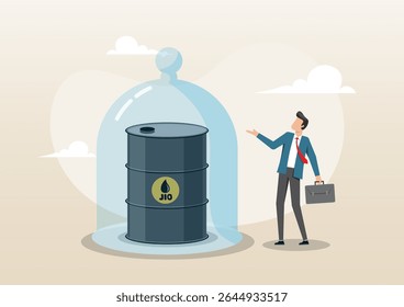 Ilustração de um homem de negócios apresentando um grande barril de petróleo fechado em uma cúpula de vidro, simbolizando reservas de petróleo protegidas ou armazenamento estratégico de petróleo. O conceito reflete a segurança energética