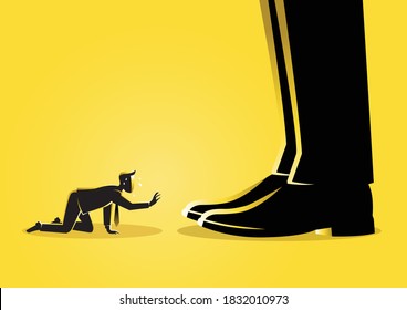 An illustration of a businessman prostrated under boss feet