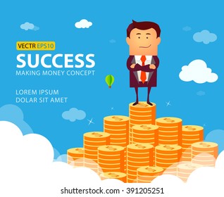 Illustration of businessman proudly standing on the huge money staircase