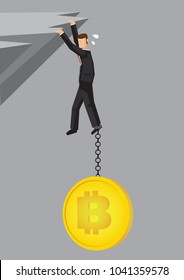 Illustration of a Businessman pulling down by bitcoin on a cliff. Business concept of the down fall of cryptocurrency.
