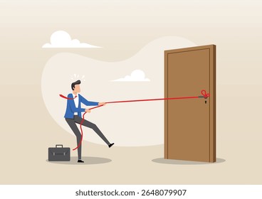 An illustration of a businessman pulling on a long red rope to a close door symbolizes the challenges of starting a business or the struggle to achieve goals due to external constraints