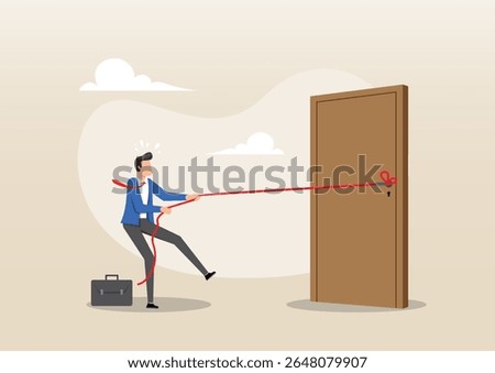 An illustration of a businessman pulling on a long red rope to a close door symbolizes the challenges of starting a business or the struggle to achieve goals due to external constraints