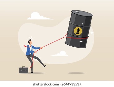 Ilustração de um homem de negócios puxando uma corda amarrada a um barril de petróleo flutuante, simbolizando o desafio de controlar o aumento dos preços do petróleo ou gerenciar mercados de energia voláteis