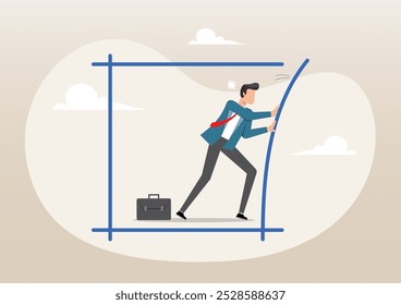 Eine Illustration von Geschäftsleuten, die drängen, die Grenzbox zu durchbrechen. Sich Grenzen zu setzen, fordert dich heraus, Grenzen zu überwinden, aus der Komfortzone für Freiheit herauszukommen