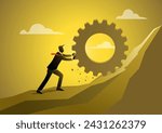 An illustration of a businessman pushing a gear uphill, persistence, hard work, determination concept