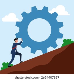 Ilustração de um homem de negócios empurrando uma engrenagem gigante para cima, simbolizando o trabalho duro, o progresso da condução, e o esforço do negócio.