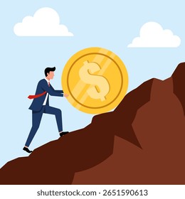Illustration of a businessman pushing a large coin up a hill, symbolizing financial struggle, hard work, and investment challenges.