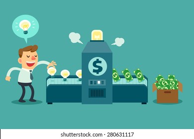 Illustration of businessman put idea bulbs in a machine and turn it into money