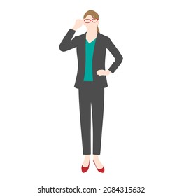 Illustration of businessman putting her hand on her glasses (white background, vector, cut out)