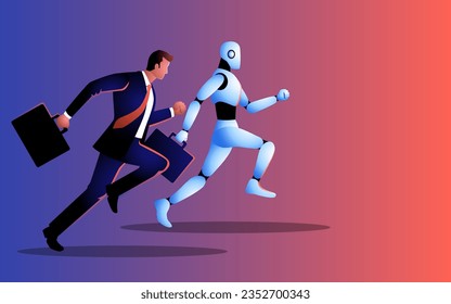 Illustration of a businessman racing against a robot, depiction of human ingenuity challenging technological advancement. Innovation, competition, and the quest for excellence in modern business