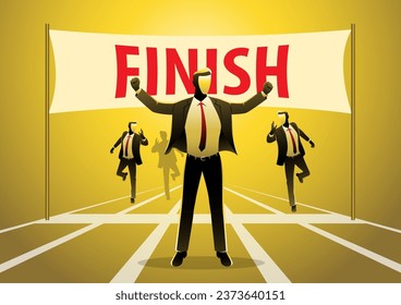 An illustration of businessman raises his hands on the finish line after winning a race on the finishing line in competition concept