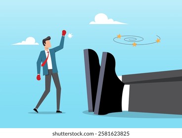 An illustration of a businessman raising his victory arm after defeating a fallen giant opponent. Small and medium-sized enterprises beating giant opponent