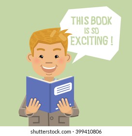 Illustration of a businessman reading a book. Cheerful businessman smiling and holding a book, journal or magazine. Flat style vector illustration